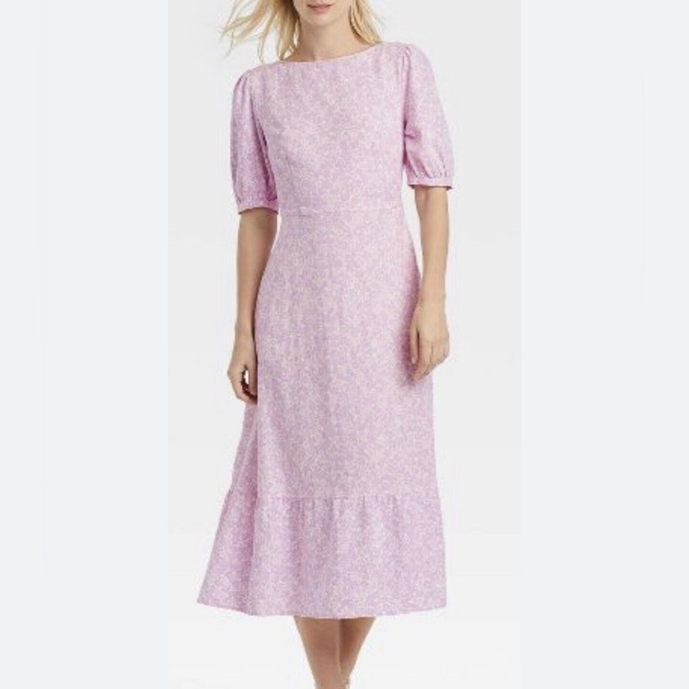 NWT Who What Wear Pastel Purple Orchid Floral Bow Back Linen Blend Midi Dress
